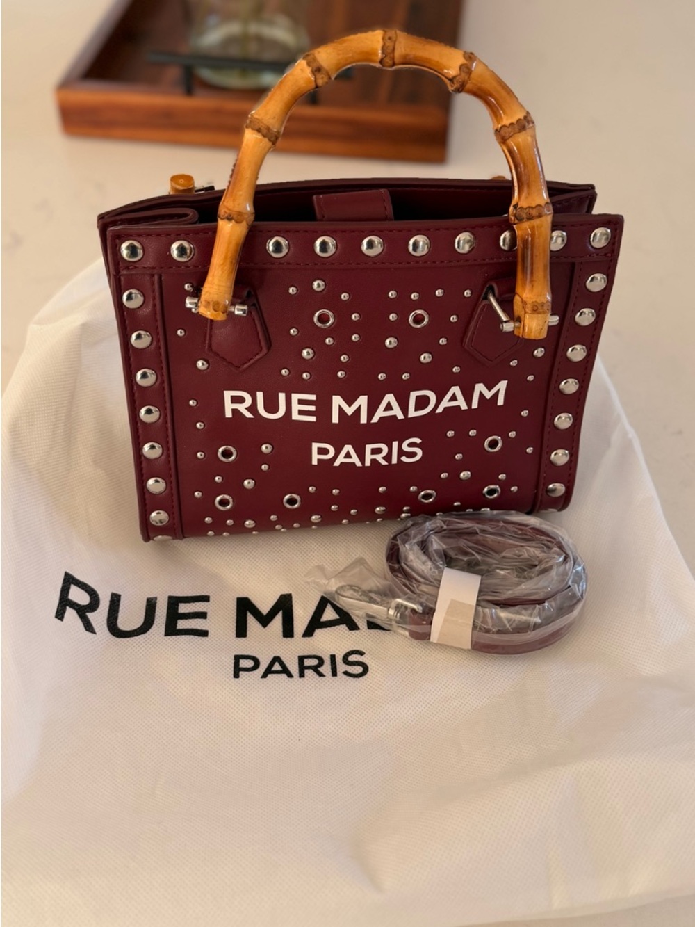 Burgundy Studded Bamboo-Handle Satchel
